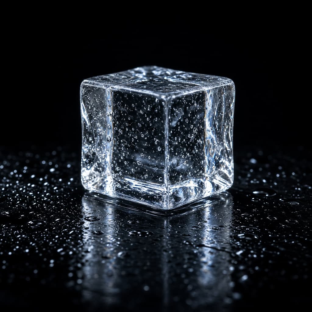 A single crystal-clear ice cube on a wet black surface