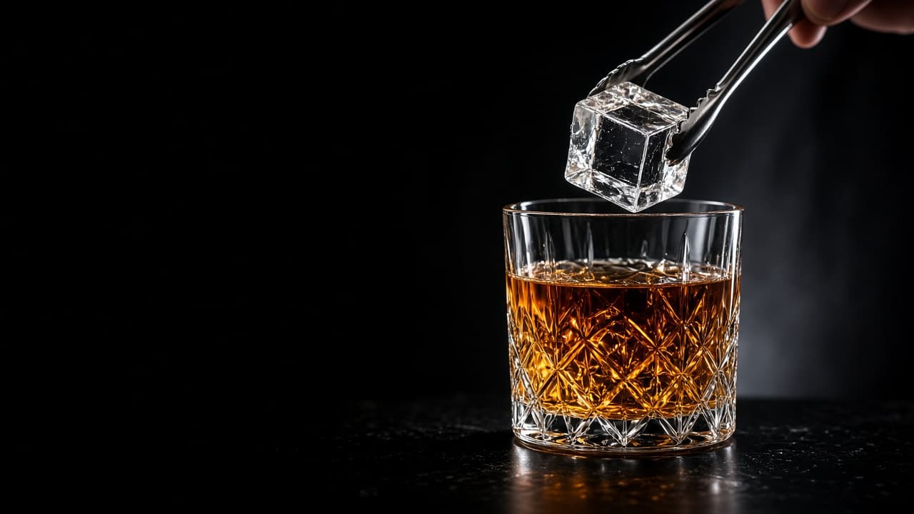 Silver tongs lowering a crystal-clear ice cube into a cut-crystal glass of whisky